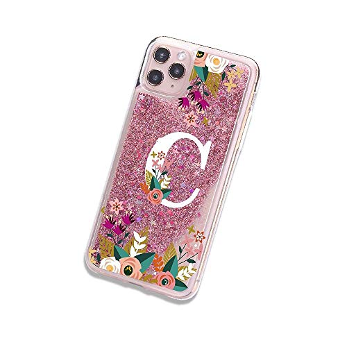 iPhone 11 Initials A to Z Alphabet Letter C Pink Flowers Case Sparkle Bling Glitter Shining Liquid Quicksand Cover Women Girls Soft TPU Silicone Phone Bumper Skin (Pink) (iPhone 11, C)