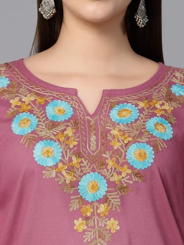 Image of QAZMI Women's Rayon Cotton Straight Keyhole Neck Three-Quarter Sleeves Israa Kashmiri Embriodered Short Kurti