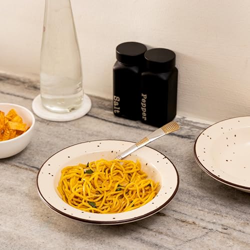 Image of Beyond Homes Ceramic Pasta Plates Shallow, 18cm, Set of 4, Off-White Spotted | Matte Finish Ceramic Pasta Bowl | Stoneware Pasta & Maggie Bowl | Chip-Resistant | Microwave Safe (4, Off-White Spotted)