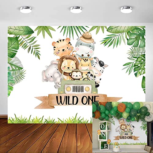 Avezano Wild One - Telón de fondo de cumpleaños de 2.1 x 1.5 m, diseño de safari, primer cumpleaños, fondo de fotos, bosque, zoológico, elefante, mono, unisex, baby shower, pancarta de fotografía