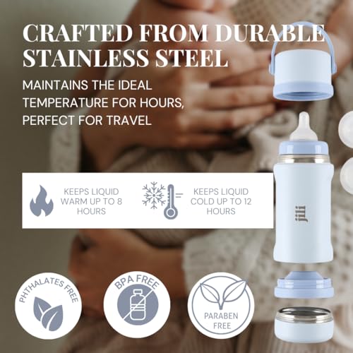 Image of Jili All-in-One Baby Bottle, Insulated Stainless Steel Bottle with Formula Container, Anti-Colic Nipple, and Leak-Proof Lid, Baby Essentials for Travel, BPA, Parabens, and Phthalate-Free, Ice, 8 oz.