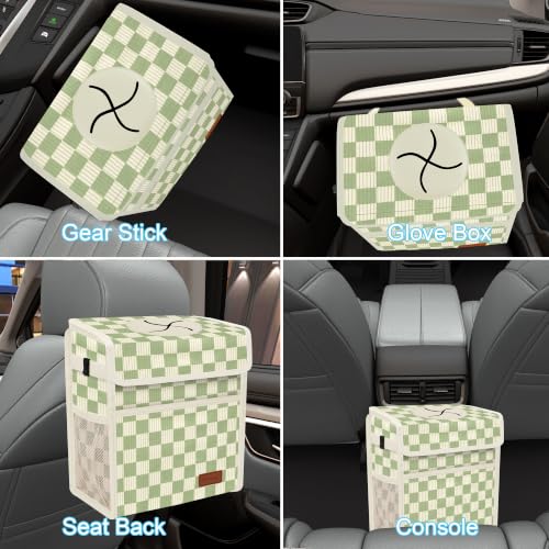 Image of Femuar Leak Proof Car Trash Can with Lid, Collapsible Hanging Waterproof Car Trash Bag with Mesh Pocket for SUV Front Seat Headrest, Large /Beige Light Green Plaid