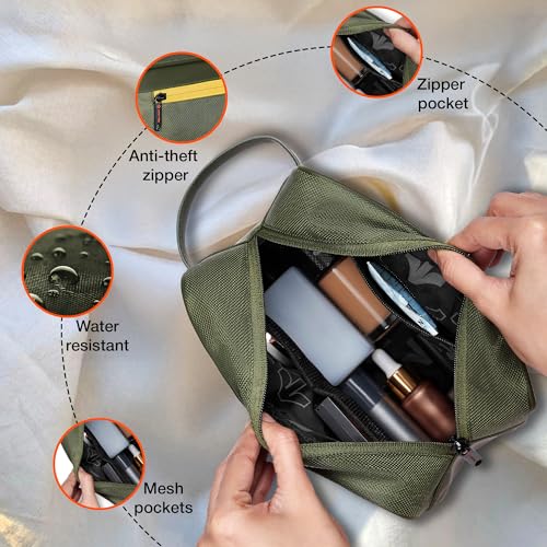 Image of Nasher Miles Stash Toiletry Kit | Cosmetic Bag | PU & Polyester | Travel Pouch Organizer | Multipurpose Storage Compartments & Carry Handle | Travel Accessory for Men & Women (Olive)