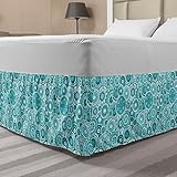 Ambesonne Aqua Elastic Bed Skirt, Hippie Floral Leaves Mandala Rounds Traditional Elements Print, Wrap Around Fabric Bedskirt Dust Ruffle for Bedroom, King, Turquoise White