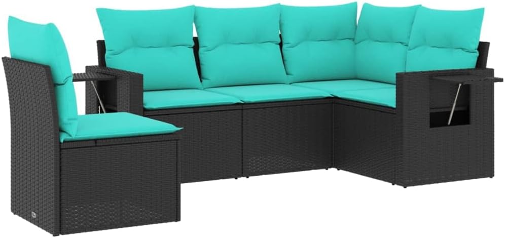 vidaXL Patio Sofa Set with Cushions 5 Piece Black Poly Rattan Armrests, Side Tables, Removable Covers, Blue Cushions - Modular Design Outdoor Furniture for Patio, Garden, Backyard, Terrace