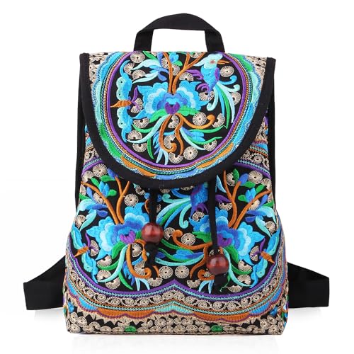 MAZEXY Embroidered Backpack Purse for Women, Boho Elegance Vintage Ethnic Floral Shoulder Handbag