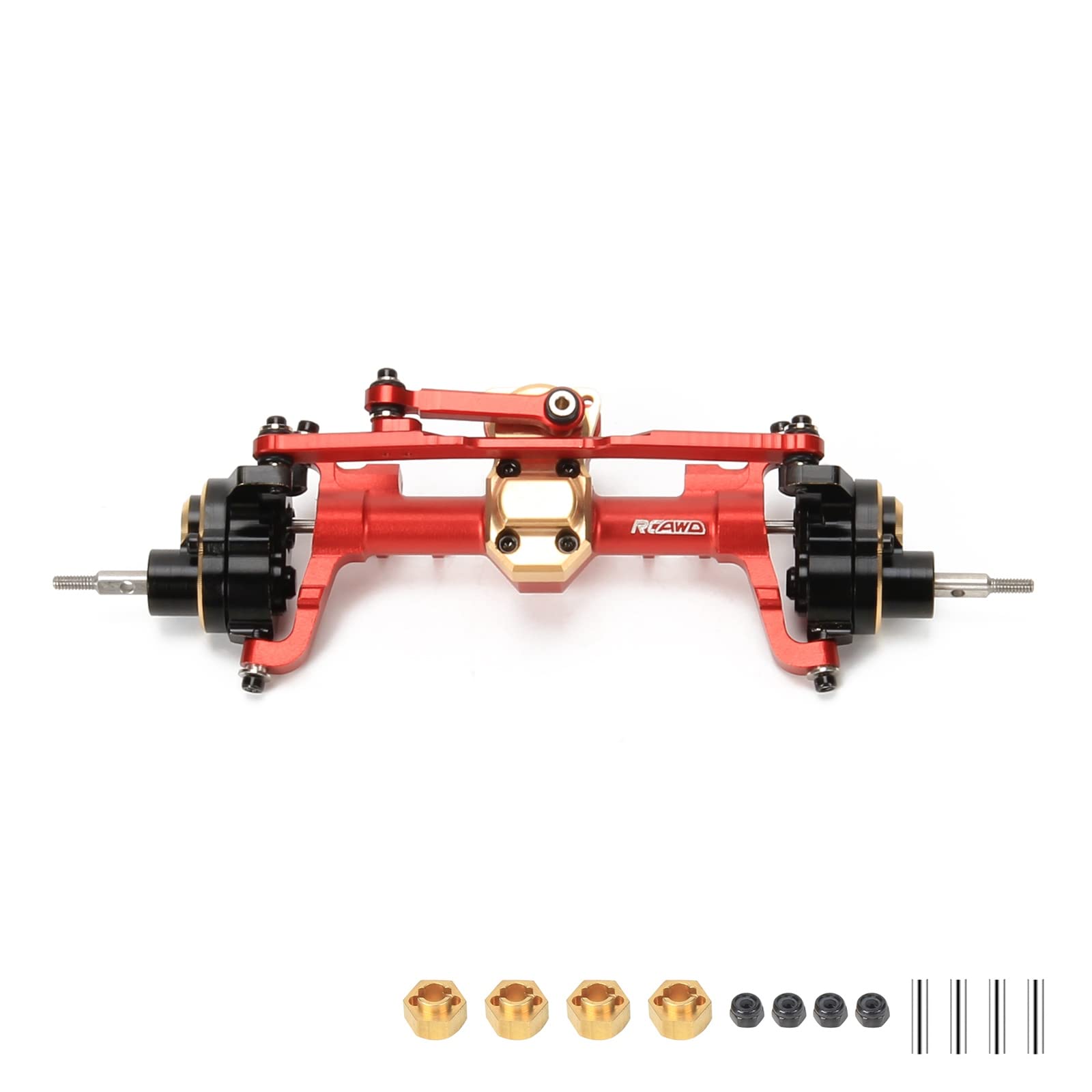 RCAWD Front Portal Axle Set for Axial SCX24 Upgrades Housing with Steel Gears& Brass Worm Gears& Brass Third Member Housing& Brass Hex, Aluminum Hop Ups Parts #AXI31609 Red