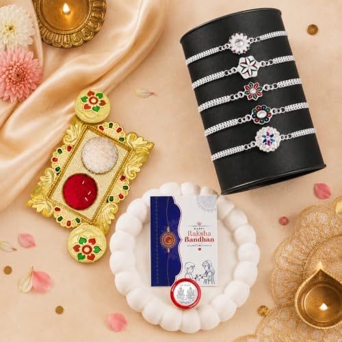 Image of Oblivion Set of 5 Silver Colour Designer Rakhi for Brother | Fancy Multi Design Rakhi Collection with Ganesh Ji Pooja Thali, Coin & Greeting Card | Raksha Bandhan Gift Set