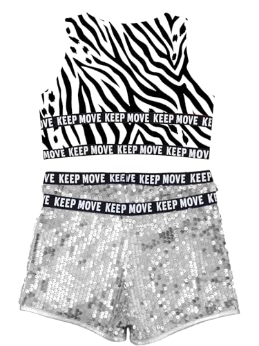 TiaoBug Kids Girls Pcs Jazz Hiphop Dancewear Set Crop Tank Top Sequins Shorts Gymnastics Workout Outfits4