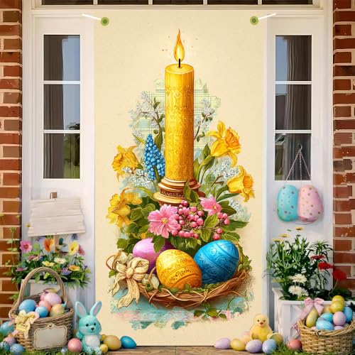 Image of Religious Easter Door Cover Candle and Eggs Banner Vintage Jesus Easter Door Decorations Home Party Outdoor Decor 35.4x71 Inch