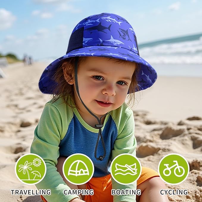 Image of Toddler Baby Sun Hat Kids Summer Beach Essentials Adjustable Beach Hats with Bucket Wide Brim for Boys Girls Age 0-14 Years