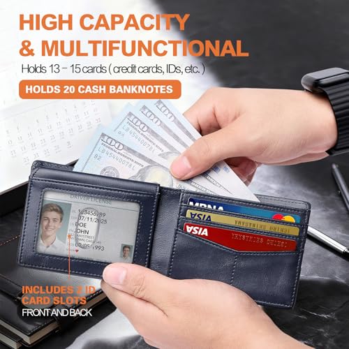 Image of Wallet for Men Slim RFID Blocking Bifold Carbon Fiber,Minimalist Small Compact Front Pocket Credit Card Holder,Thin Mens Leather Wallets Smart Security With 2 ID windows 1 Cash (Oil Wax Blue)