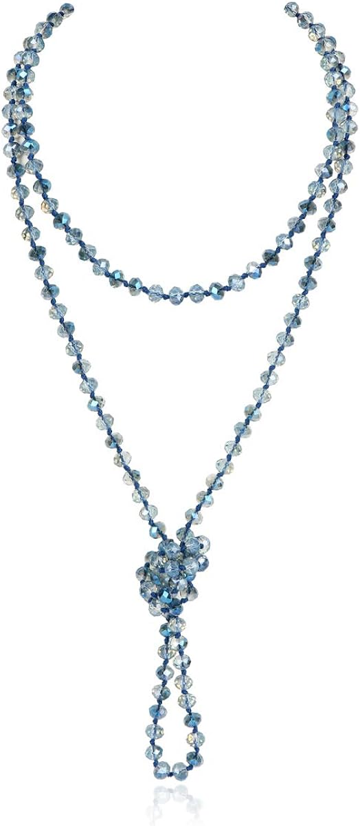 RIAH FASHION Hand Knotted Beads Endless Long Statement Necklace - Handmade Versatile Beaded Strand Lariat Multi Layer Infinity Wrap 60" Sparkly Faceted Crystal Rondelle