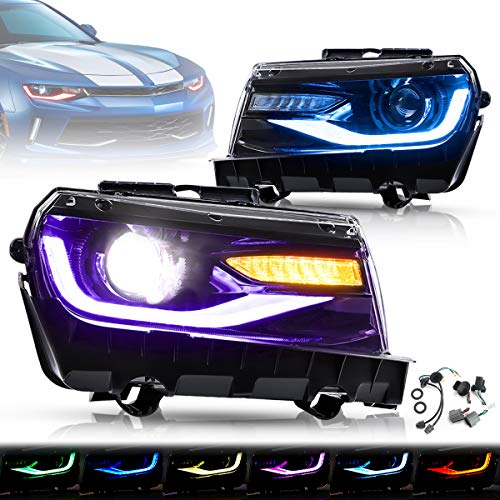 YUANZHENG Multicolor DRL Projector LED Headlights for [Chevy Camaro 5th Gen 2014 2015] with Sequential Turn Signal, Dual Beam Lens, YAA-CMR-0285PRO (NOT Include Bulbs, Driver & Passenger Sides) (RGB)