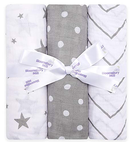 Bloomsbury Mill - Pack of 3 x Large Soft Muslin Swaddles - Pram & Nursing Cover - 100% Pure Organic Cotton Muslin In Gifting Ribbon - 120cm x 120cm - Stars, Chevrons & Polka Dots - Grey & White