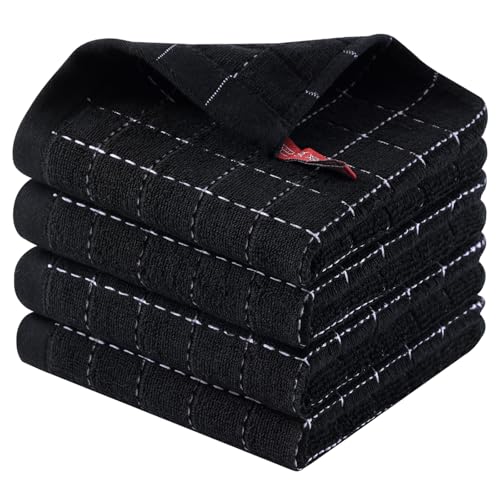 Homaxy 100% Cotton Terry Kitchen Dish Cloths, Ultra Soft and Absorbent Dish Towels for Kitchen, Suitable for Drying and Washing Dishes, 4 Pack, 12 x 12 Inches, Black