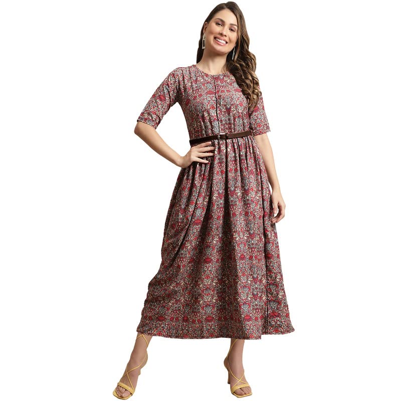 Preneum Women's Georgette Floral Printed 3/4 Slevees A-Line Fit & Flare Gown With Beltindo-Western Ethnic Gown || A-Line Maxi Dress Casual Wear || Fit & Flare Flared Hem Design, Radish, 2Xl