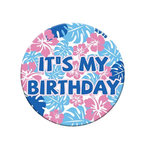 It’s My Birthday Button, 2.3in Happy Birthday Badge Pin with Hibiscus Blossom & Palm Leaf Design for Boys Girls Men & Women Party Badge Brooch Decorations Supplies (Pink, Blue)