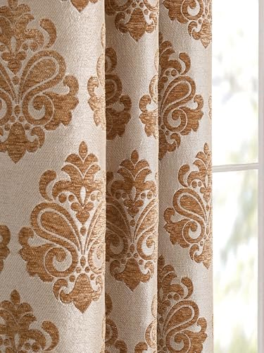 Image of Saral Home Medallion Chenille Blackout Window Curtains 2pc,Gold. 4x5 Ft