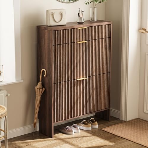 Image of Fluted Shoe Cabinet Storage with 2 Flip Drawers & 1 Drawers, Wood Narrow Hidden Shoe Cabinet for Entryway, Freestanding Slim Shoe Rack Organizer for Foyer Hallway Living Room(Walnut)
