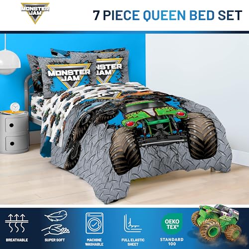Image of Monster Jam Queen Comforter Set 7 Piece Kids Bedding for Boys, Gray | Grave Digger Megalodon, Bed in a Bag, Comforter Sheets Shams Pillowcases, Soft Microfiber, Machine Washable, Boys Gift