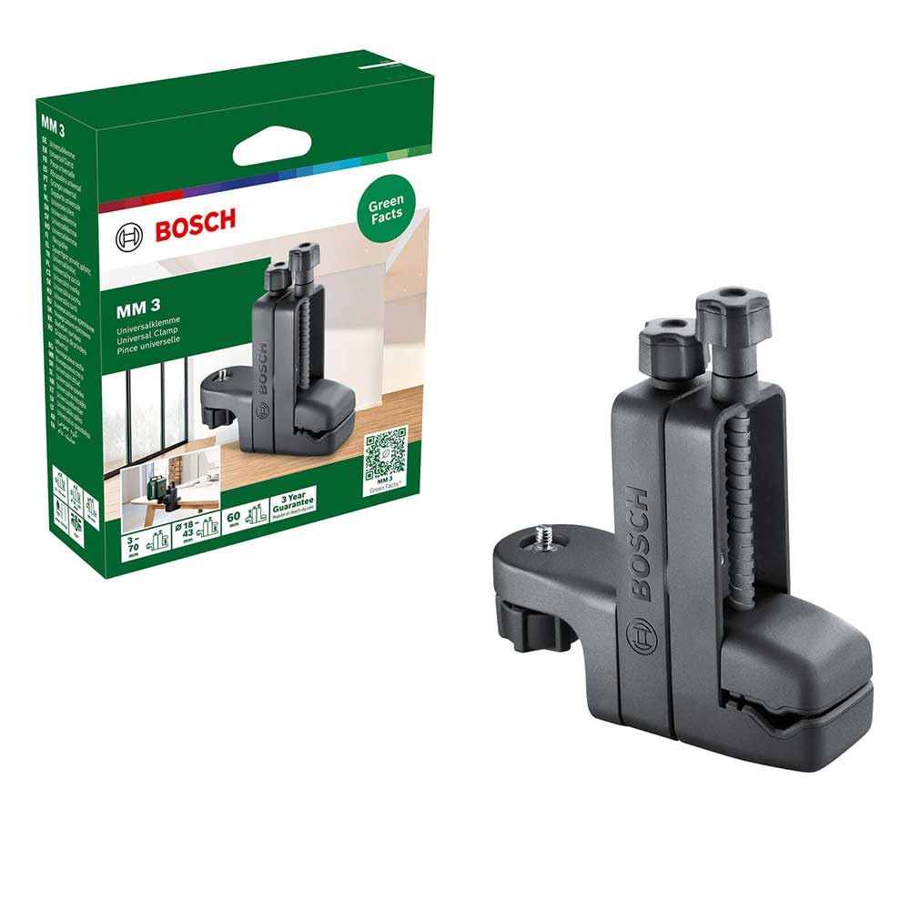 Bosch MM 3 Pinza universal (margen de apriete 3–70 mm, ajuste de altura hasta 60 mm, giratoria 360°, rosca de ¼", en caja de cartón)
