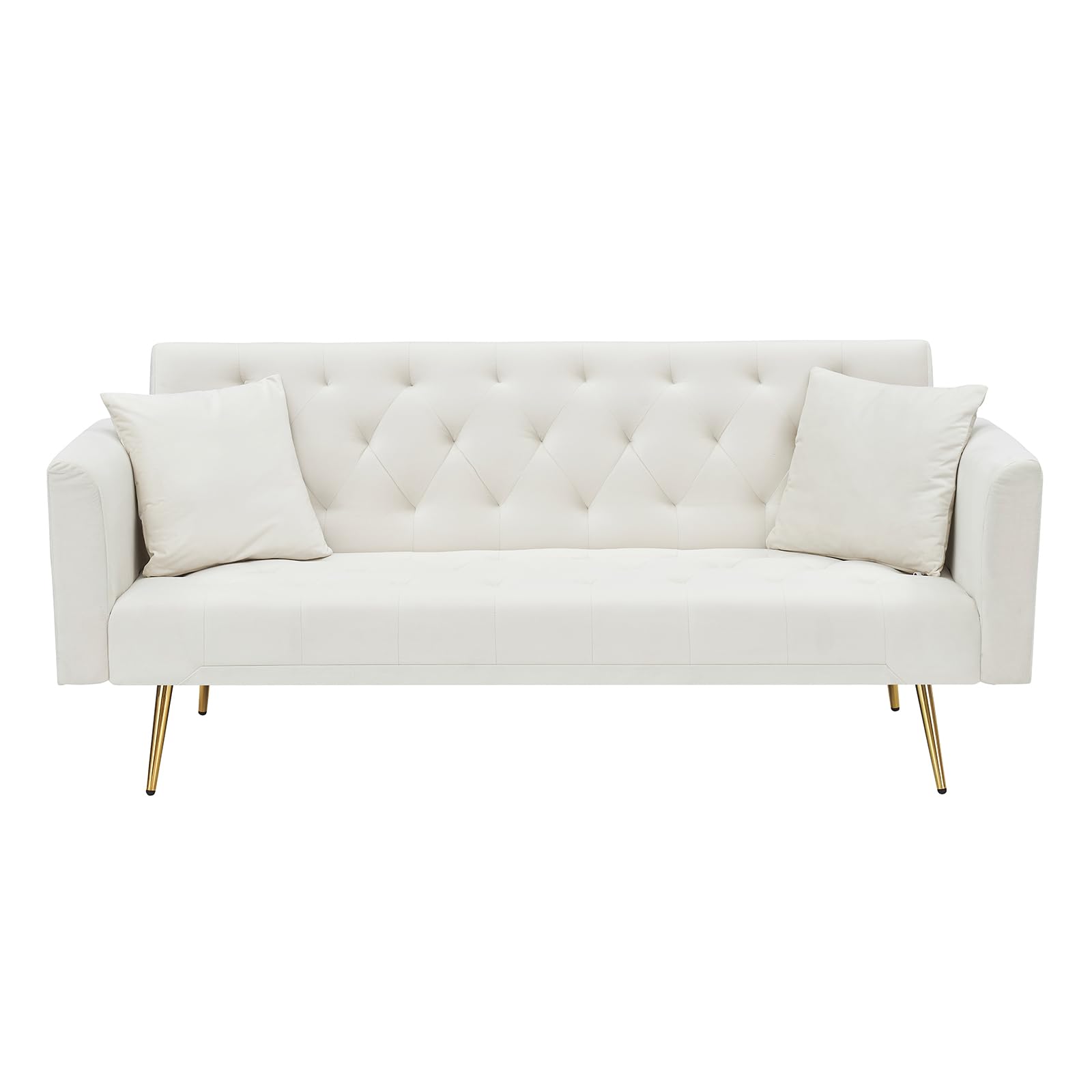 71" Modern Velvet Sofa Bed Futon, Convertible Sleeper Couch, Adj. Backrest | Tufted Recliner Loveseat Design with Golden Chrome Legs & 2 Pillows, Perfect for Small Spaces, Living Room, Apartment