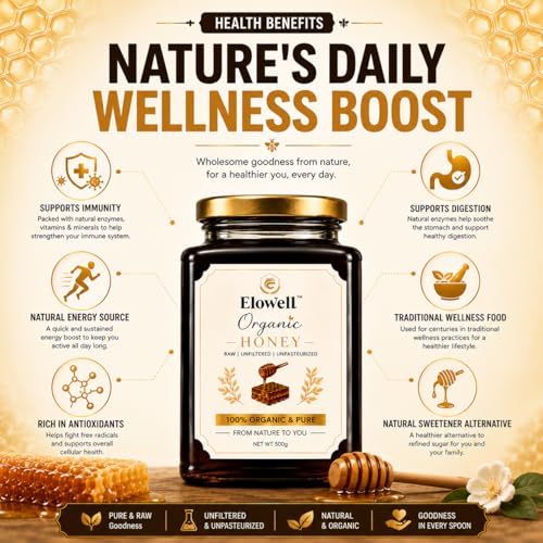 Image of ELOWELL Raw Organic Honey (500g) - Pure Honey, Unprocessed, 100% Natural | Own Farm Sourced | Natural Ingredients | Antioxidants | Supports Immunity | No Added Sugar | Premium Storage | Daily Wellness