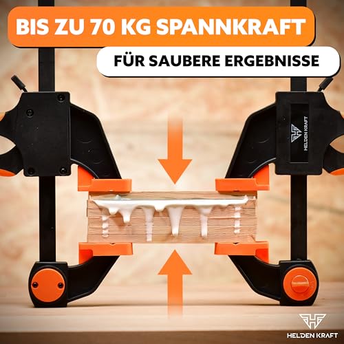 HELDENKRAFT® Einhandzwinge [2 Stück] - Zwingen Set mit hochwertigen Klemmen zum Spannen [bis 300mm] & Spreizen [155-500mm] - ergonomische Klemmzwingen mit einer Spannkraft bis 70 kg