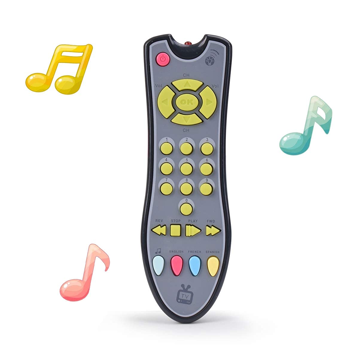 Musical TV Remote Control Toy with Light and Sounds, Language Development Toy from Number 0-9 in English, French, Spainsh