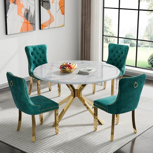 Image of 5-Piece Round Dining Table Set for 4, Luxury Faux Marble Kitchen Table Set for 4 with Green Velvet Chairs, 45 inch Circle Dining Room Tables with White Marble Top and Gold Stainless Steel Cross Legs
