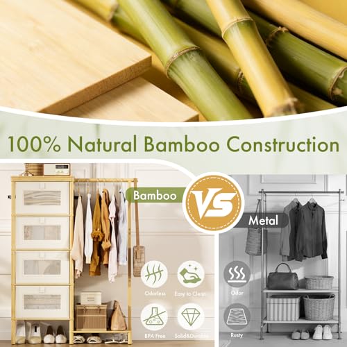 Image of Bamboo Dresser with Hanging Rack, 4-Drawer Small Closet Organizer for Bedroom, Tall Storage Tower with Clothes Rack, Natural Wood 41.4 inch H x 31.3 inch W-Space-Saving Design, Easy Assembly