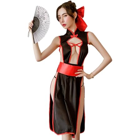 Amazon Shlymp コスプレ チャイナ チャイナ服 チャイナドレス セクシー コスチューム ランジェリー ワンピース レトロ風 スリップ キャミソール ロング 可愛い かわいい シースルー レディース 女性 制服 衣装 ドレス サテン生地 ｔバック セット フリーサイズ 黒