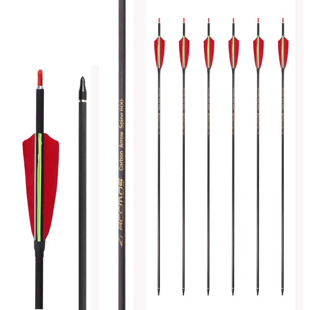 12 Pezzi Frecce da Tiro con L'Arco ID 6,2 mm Etichetta Dorata Freccia da Pratica, Spine 300 350 400 500 600 700 Freccia da Caccia 4 Pollici Rosso Verde Piume di Tacchino