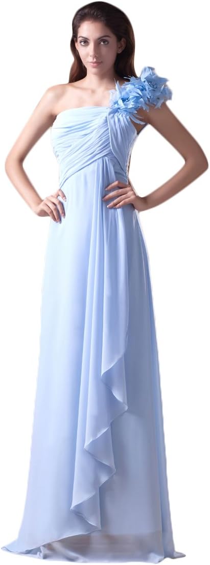 Vampal Light Blue Chiffon One Shoulder Bridesmaid Dresses With Flower Detail