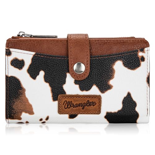 Wrangler Wallet for Women Cow Print Bifold Wallet Women's Wallets, Card Cases & Money Organizers Women Brown Credit Card Wallets for Womens Female Cash Wallets with ID Window