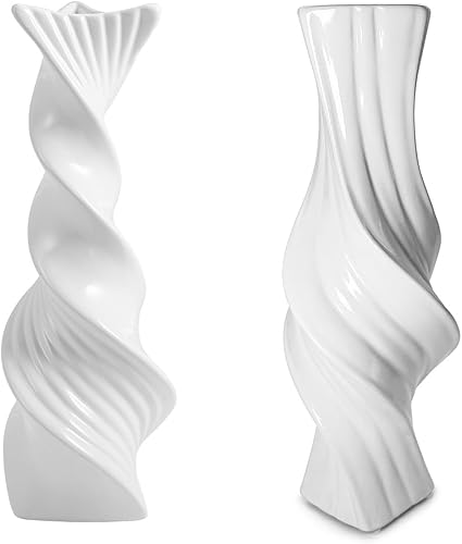 Juego de 2 jarrones de cerámica de 11.8 pulgadas de alto, jarrón blanco curvado, estilo minimalista trenzado para decoración del hogar, entrada,