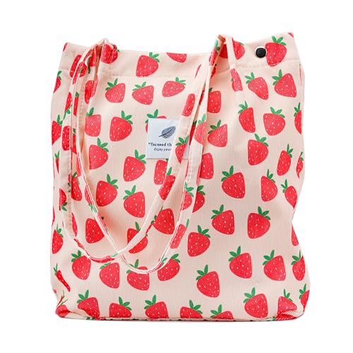 Sacola de veludo cotelê fofa para mulheres, bolsa de ombro com bolso interno para trabalho, praia, viagens e compras, Verde, Large, Morango