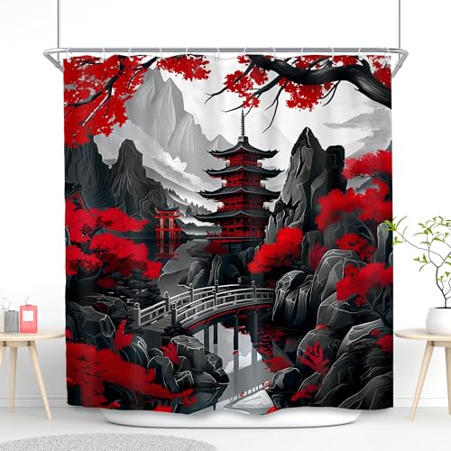 SVBright Japanese Shower Curtain 72Wx72L Inch Asian Black Red Cherry Blossom Anime Floral Watercolor Chinese Flower Mountain Nature 12 Pack Hooks Polyester Waterproof Fabric Bathroom Bathtub Panels