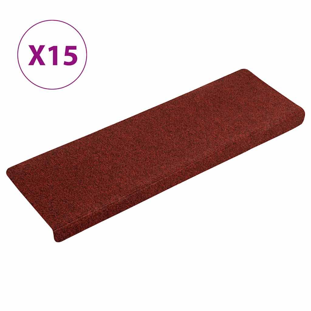vidaXL Felpudos autoadhesivos para escaleras, 15 Unidades, 65 x 21 x 4 cm, Borde Rectangular, Color Rojo Burdeos