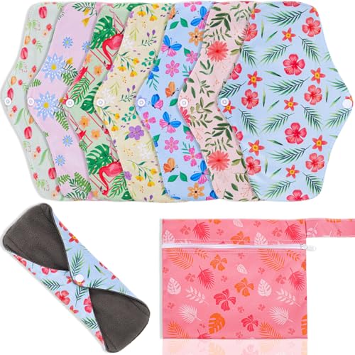 XEPST Compresas Reutilizables para Menstruación, 7 Piezas Compresas Postparto con 1 Pieza Bolsa Impermeable, Almohadillas de Forro de Toalla Higiénica Lavable, 10.2' x 7'