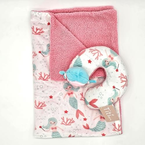Image of TITI with Love Reversible Baby Blanket and Pillow Set - Mermaid Baby Blanket with Plush Pillow for Girl, Ultra-Soft Reversible Design, 37x27 in