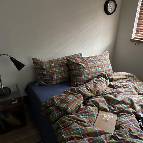 Image of MKXI Buffalo Plaid Duvet Cover Set 3 Piece Vintage Bedding in Kelly Green, Navy & Red | 100% Washed Cotton Reversible Design with Zipper Closure & Corner Ties,Shabby Chic Aesthetic for Twin XL
