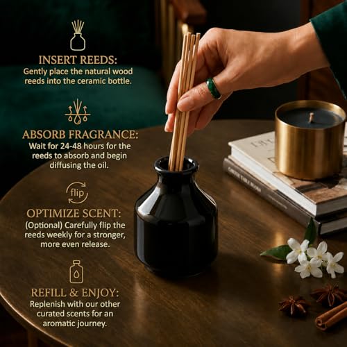 Image of Pure Source India Elegant Ceramic Reed Diffuser Pot - Decorative Aroma Diffuser Vase for Living Rooms, bedrooms, bathrooms, Offices, and entryways (Black)