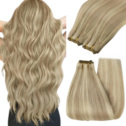 Image of YoungSee Sew in Hair Extensions Real Human Hair Blonde Hair Extensions Weft Golden Blond Highlighted Light Blonde Full Head Sew in Bundles Human Hair 16 Inch 100g