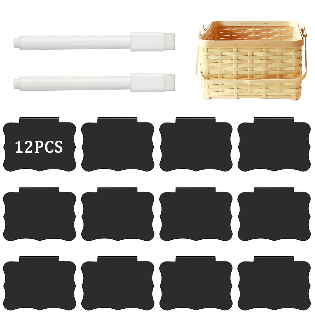 12 Pcs Removable Labels for Clip Baskets, Labels for Baskets with Clip for Dining Room, Label Holder for Kitchen, Storage Room Clip Organization and Baskets, with 2 Pens for Whiteboard