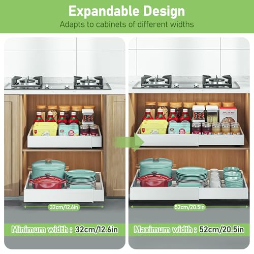 2PCS Pull Out Cabinet Organiser, 32-52cm Extendable Slide Out Kitchen Drawer Adhesive,Upgrade 3-Rails Slide Drawers Storage Shelves with Rail System for Kitchen Base Cabinet Organization - Image 3
