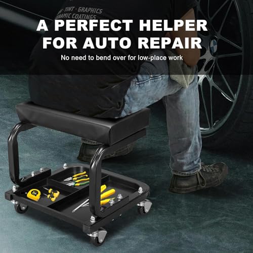Image of Big RED 250lb Black Rolling Automotive Creeper Garage /Shop Seat: Padded Mechanic Stool with Tool Large Tray Suitable for garages, Repair Shops,6300-black