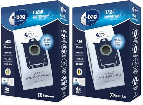 Electrolux E201S Sacs Aspirateur S-Bag Long Performance, Boite de 4 Sacs, 3,5 litres, Powerflow, Système de Fermeture Automatique hygiénique, Convient à de...