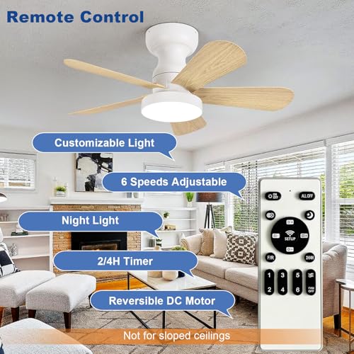 Image of Depuley Small Ceiling Fan with Lights: 28-Inch Flush Mount Fan with Light and Remote - Low Profile Ceiling Fans Reversible Quiet DC Motor for Bedroom Living Room Indoor Outdoor, Wood Color